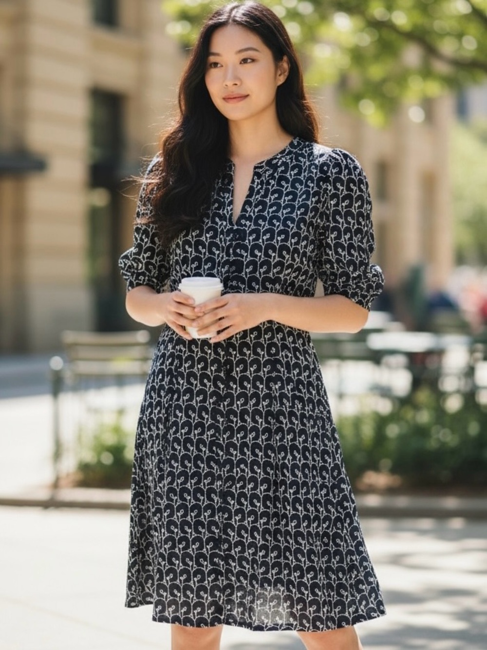 LOFT Embroidered Floral Dress Knee Length Fit Flare Style 3-4 Sleeve Office Wear